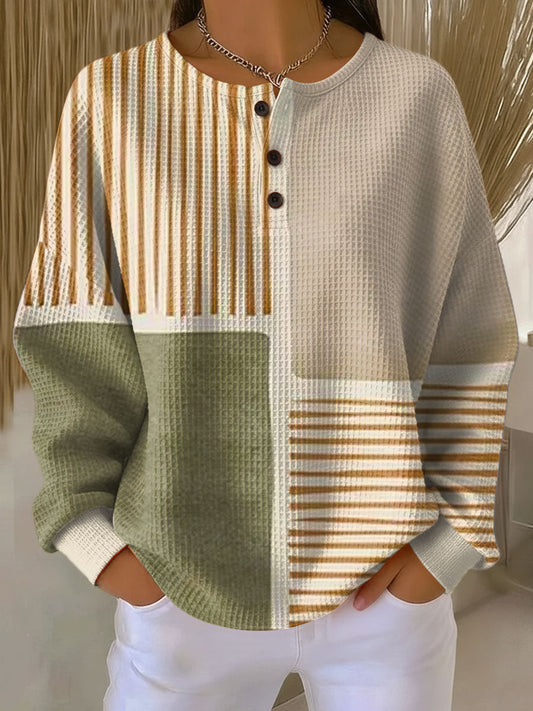 Poppy - Women's Autumn Jumper Knitted Style with Geometric Print and Button Neck