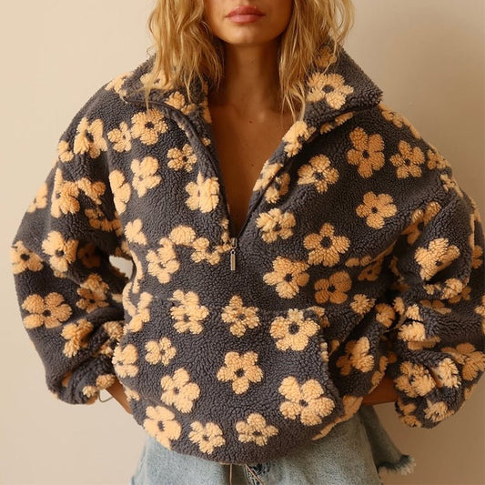 Poppy - Women's Autumn Teddy Jacket Fleece Style with Floral Print