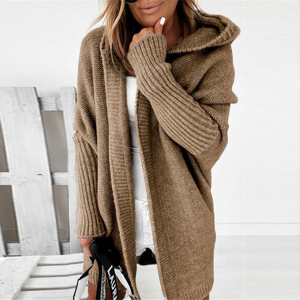 Poppy - Women's Knitted Cardigan Oversized with Hood and Long Sleeves