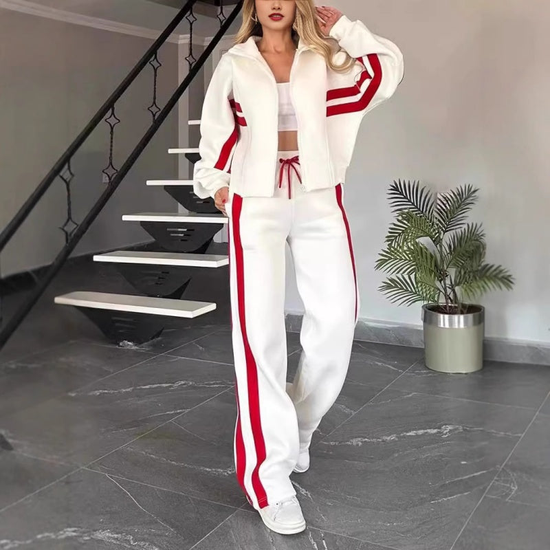Poppy - Women's comfy casual wide leg tracksuit with striped zip front