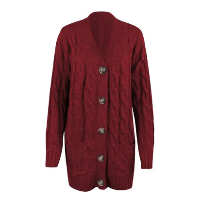 Poppy - Women’s comfy long knitted cardigan with button front and v neck