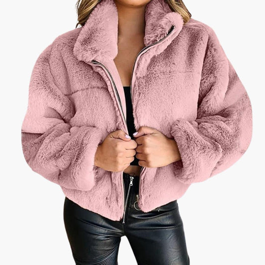 Poppy - Women's cropped oversized teddy winter jacket with fluffy collar