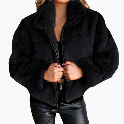 Poppy - Women's cropped oversized teddy winter jacket with fluffy collar