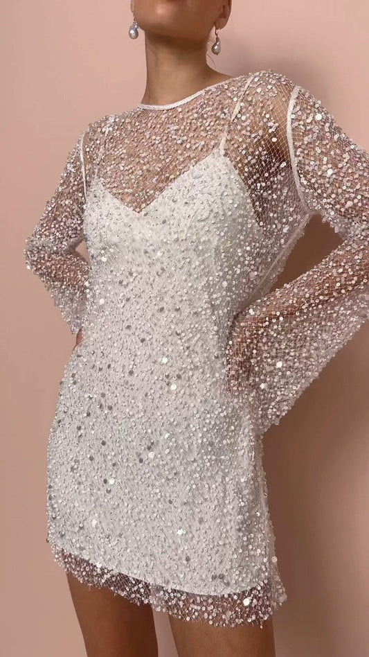 Poppy - Women's glitter short party dress with long sleeve and sequins