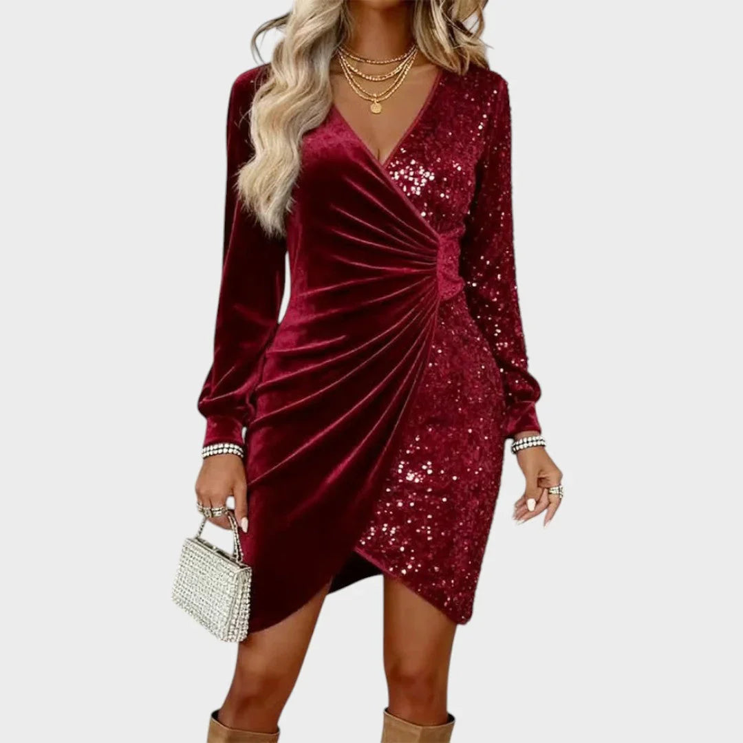 Poppy - Women’s sparkly christmas party dress with long sleeve and wrap front