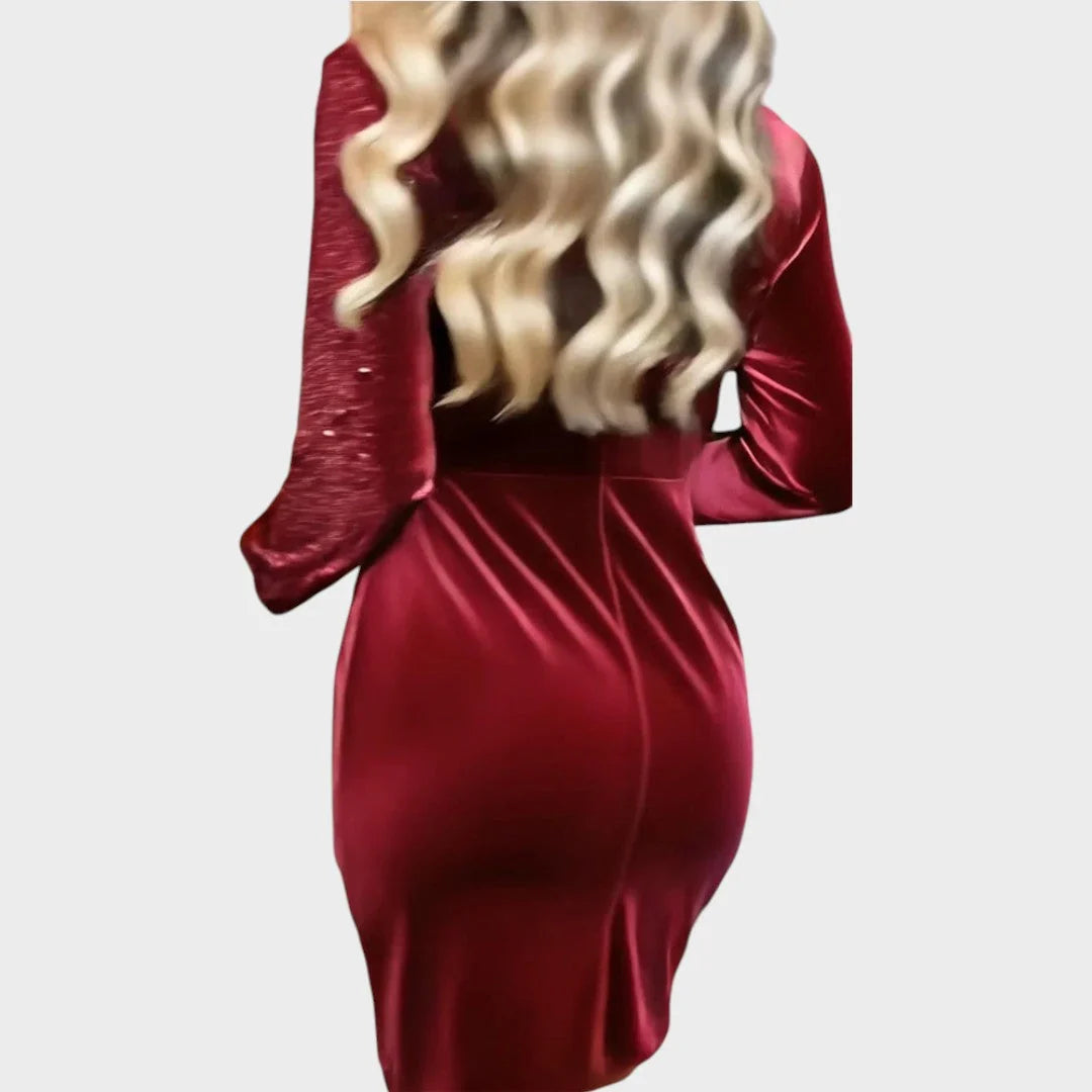 Poppy - Women’s sparkly christmas party dress with long sleeve and wrap front