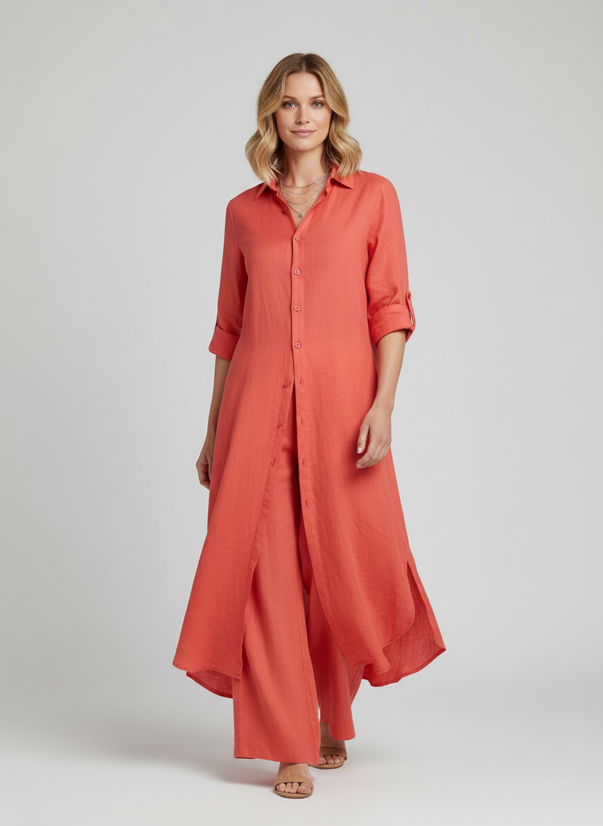 Rosie - Boho Women's Linen Set with Long Blouse and Wide Leg Trousers