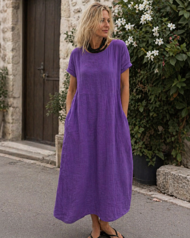 Rosie - Casual Women's Linen Maxi Dress with Cap Sleeves and Side Pockets
