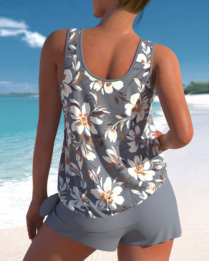 Rosie - Casual Women's Swimsuit Tankini Set with Floral Print Tank Top and Shorts