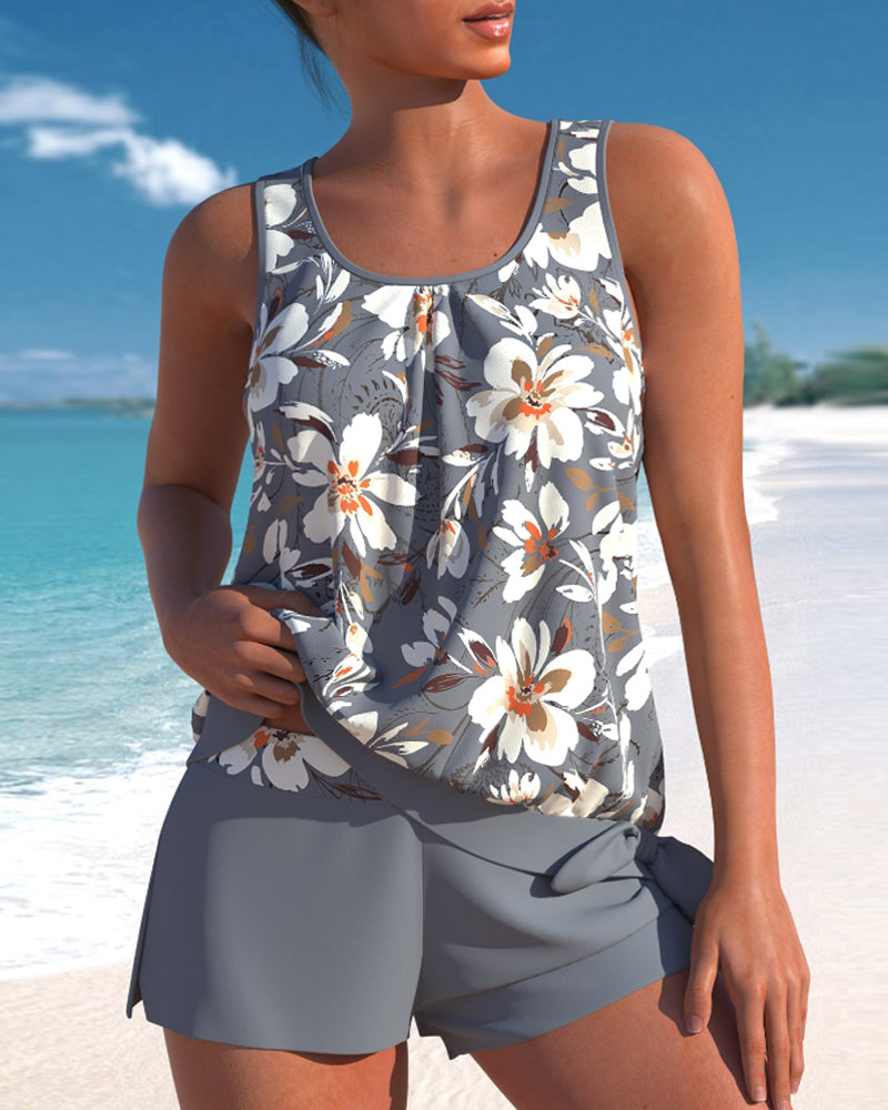 Rosie - Casual Women's Swimsuit Tankini Set with Floral Print Tank Top and Shorts