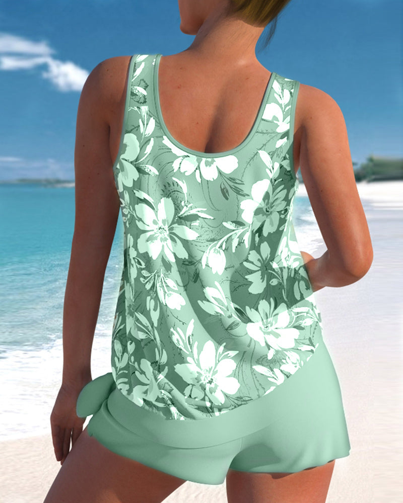 Rosie - Casual Women's Swimsuit Tankini Set with Floral Print Tank Top and Shorts