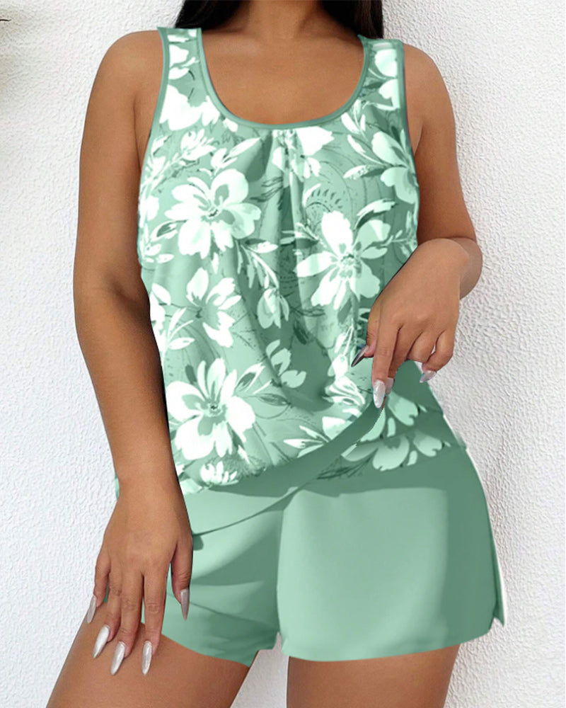 Rosie - Casual Women's Swimsuit Tankini Set with Floral Print Tank Top and Shorts