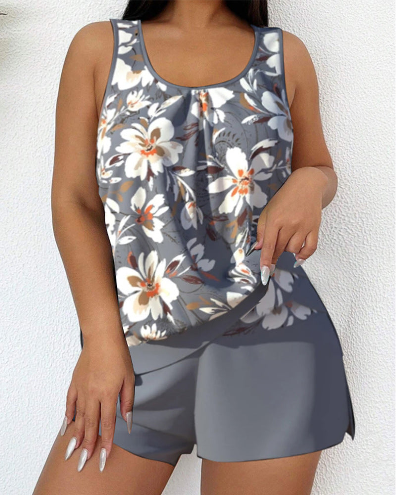 Rosie - Casual Women's Swimsuit Tankini Set with Floral Print Tank Top and Shorts