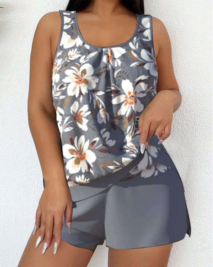 Rosie - Casual Women's Swimsuit Tankini Set with Floral Print Tank Top and Shorts