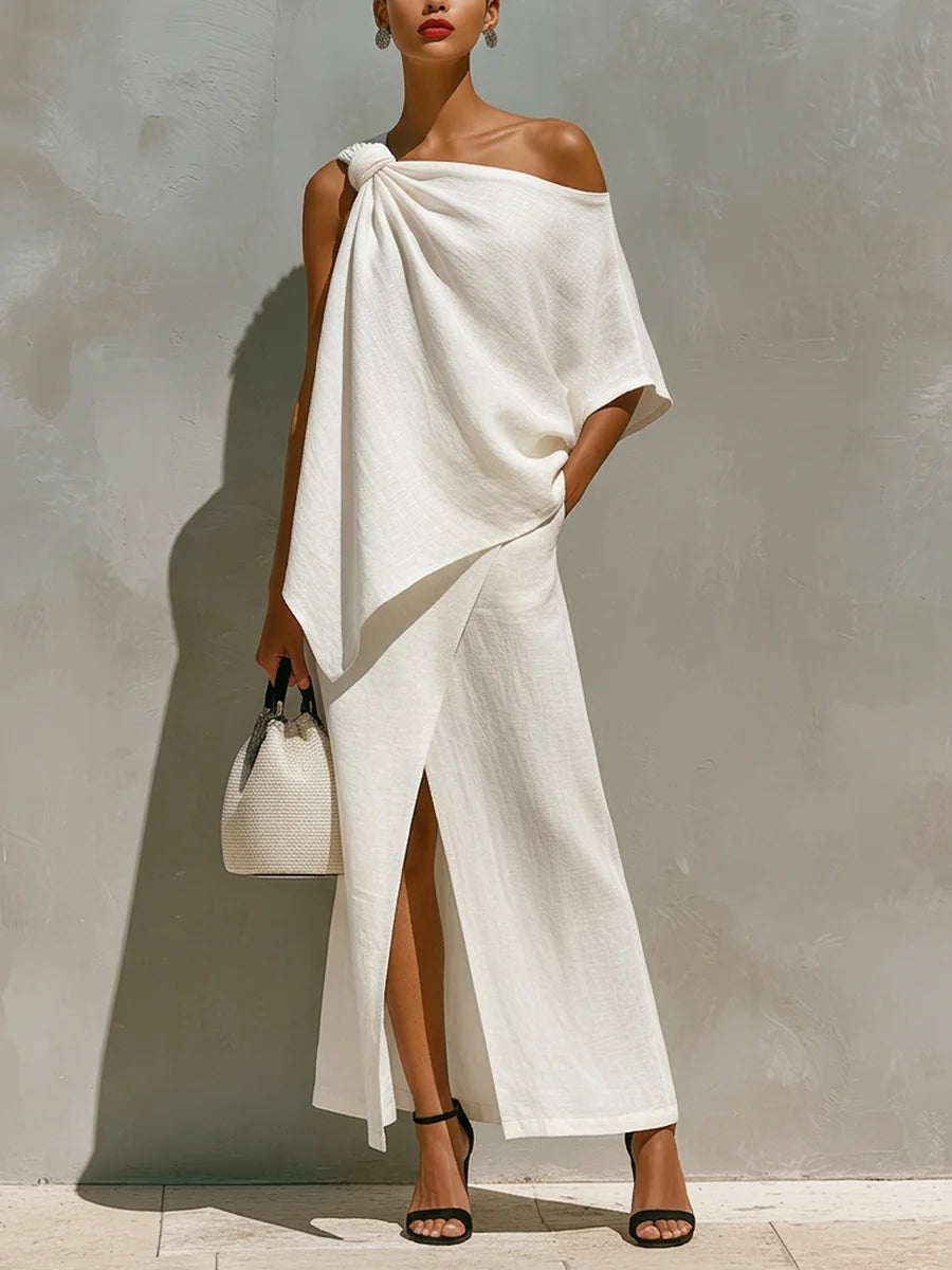 Rosie - Elegant Women's Linen Set with Knot Shoulder Top and Wrap Skirt
