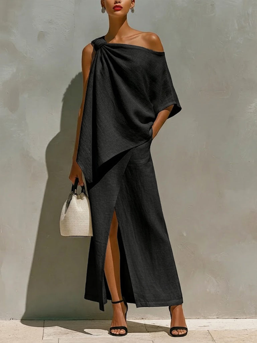 Rosie - Elegant Women's Linen Set with Knot Shoulder Top and Wrap Skirt