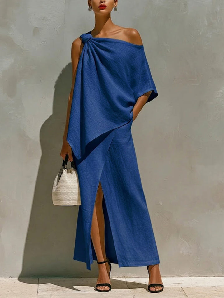 Rosie - Elegant Women's Linen Set with Knot Shoulder Top and Wrap Skirt