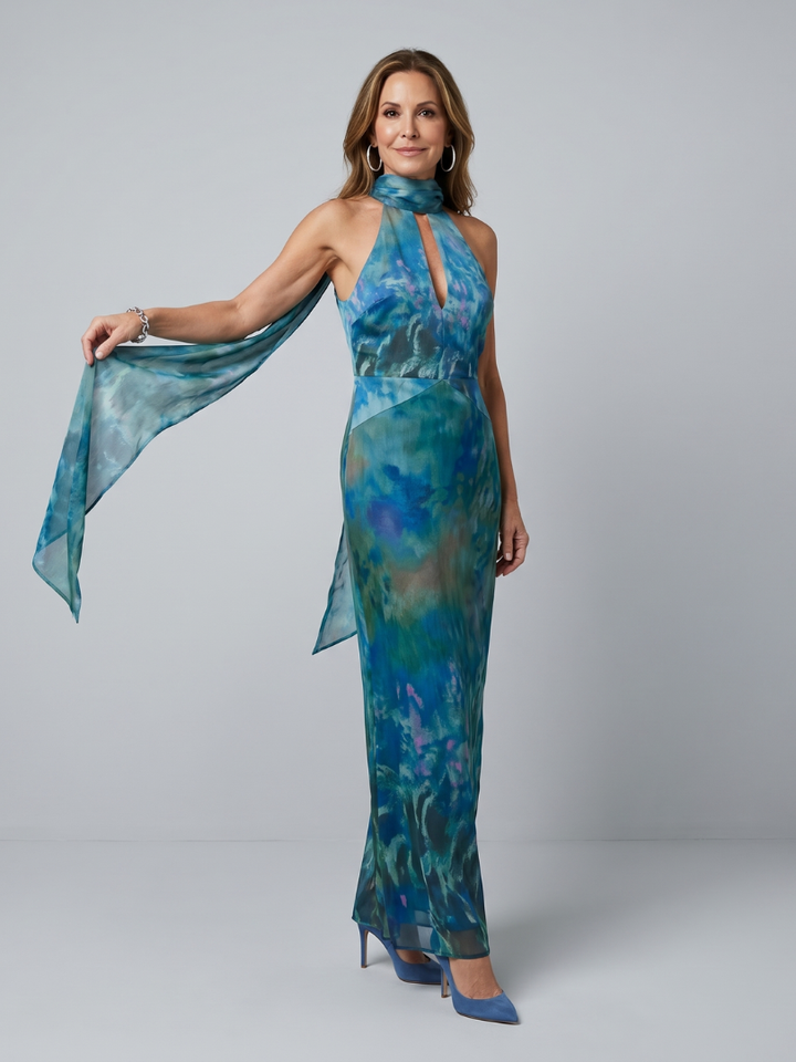 Rosie - Elegant Women's Maxi Dress with Halter Neck and Scarf Detail