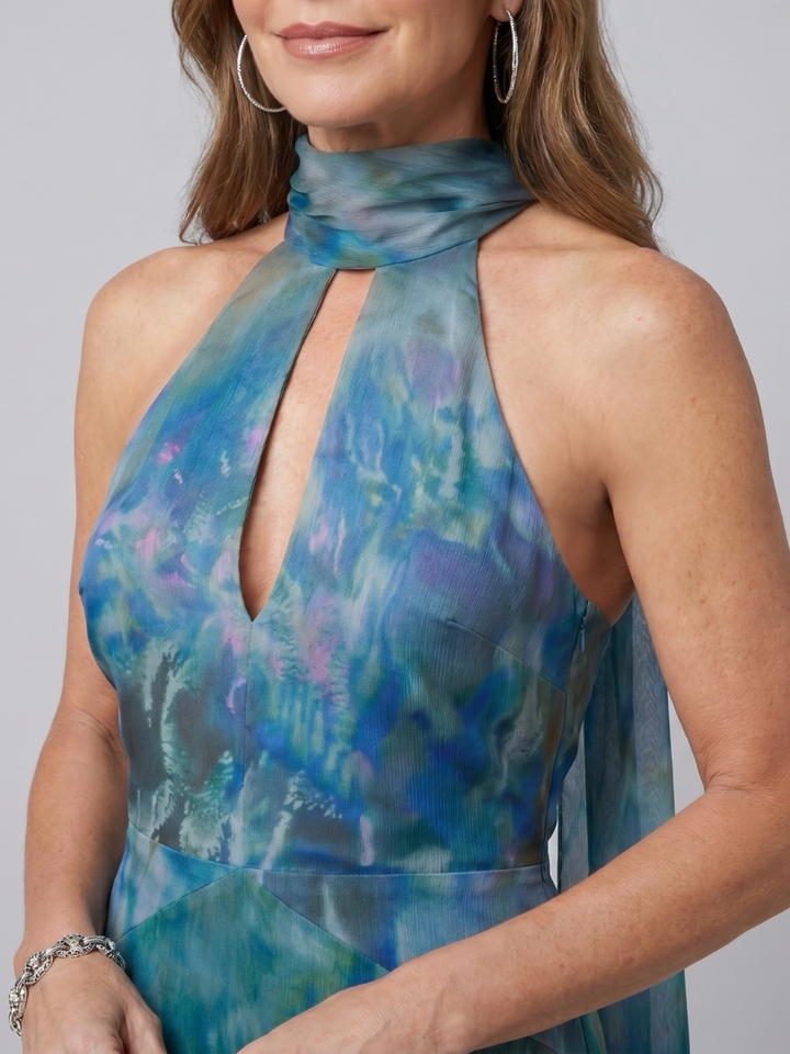 Rosie - Elegant Women's Maxi Dress with Halter Neck and Scarf Detail