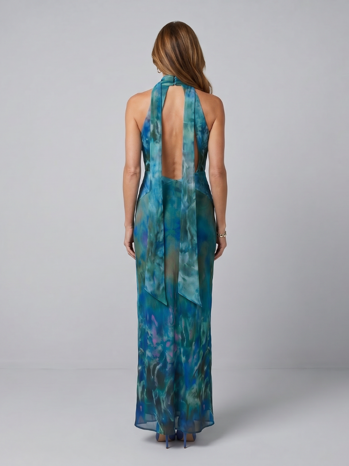 Rosie - Elegant Women's Maxi Dress with Halter Neck and Scarf Detail