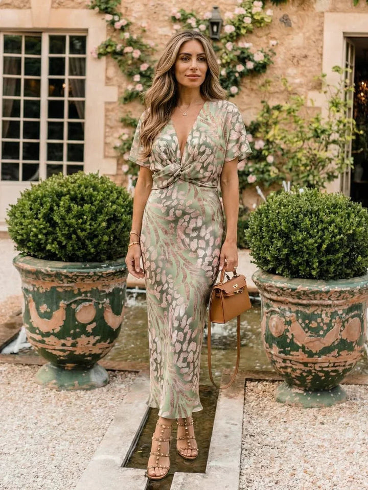 Rosie - Elegant Women's Wedding Guest Maxi Dress with Wrap Neckline and Short Sleeves