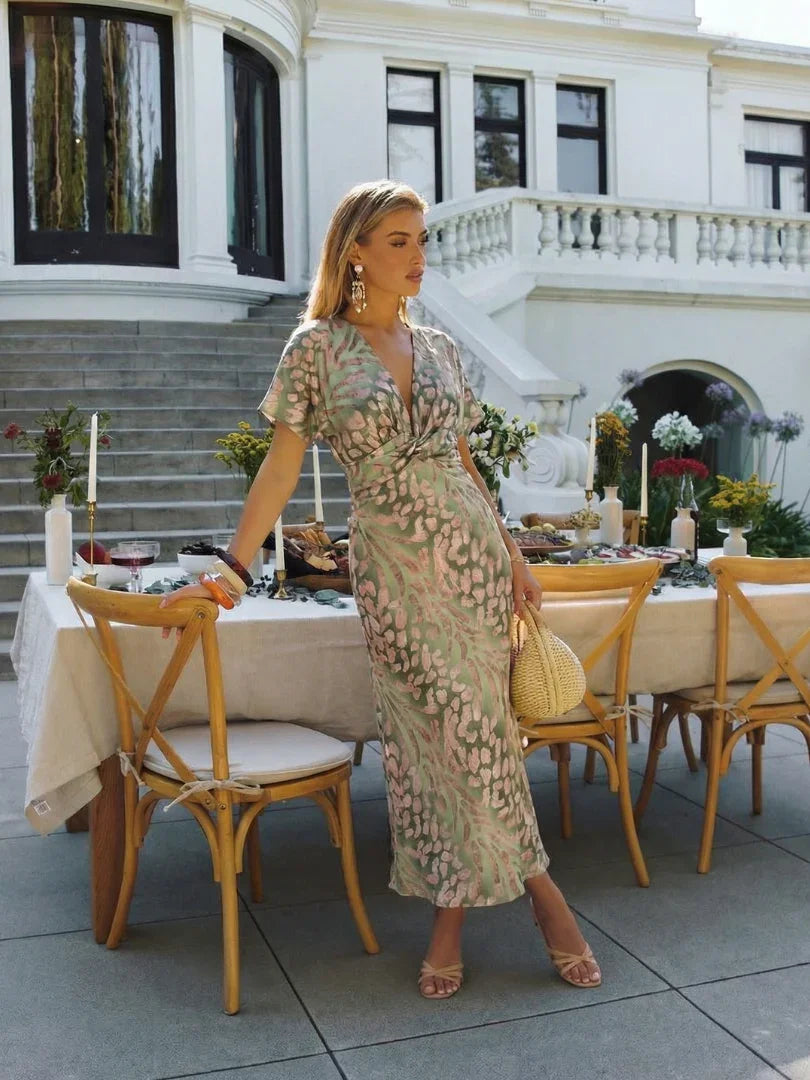 Rosie - Elegant Women's Wedding Guest Maxi Dress with Wrap Neckline and Short Sleeves