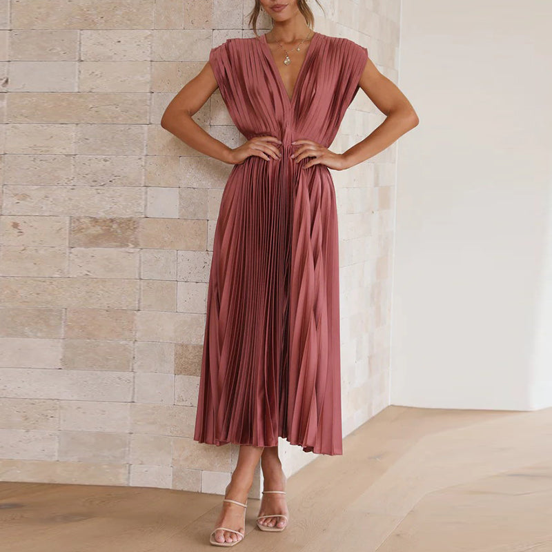 Rosie - Flowy Women's Wedding Guest Dress with Deep V-Neck and Pleated Midi Skirt