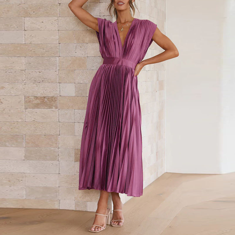Rosie - Flowy Women's Wedding Guest Dress with Deep V-Neck and Pleated Midi Skirt