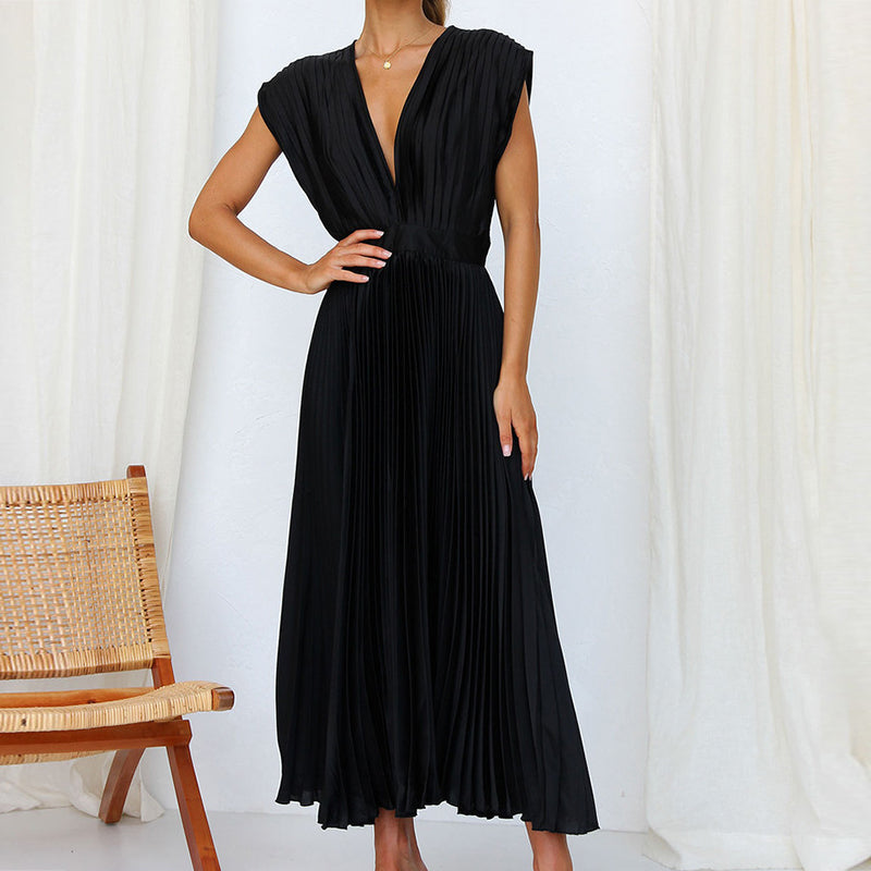 Rosie - Flowy Women's Wedding Guest Dress with Deep V-Neck and Pleated Midi Skirt