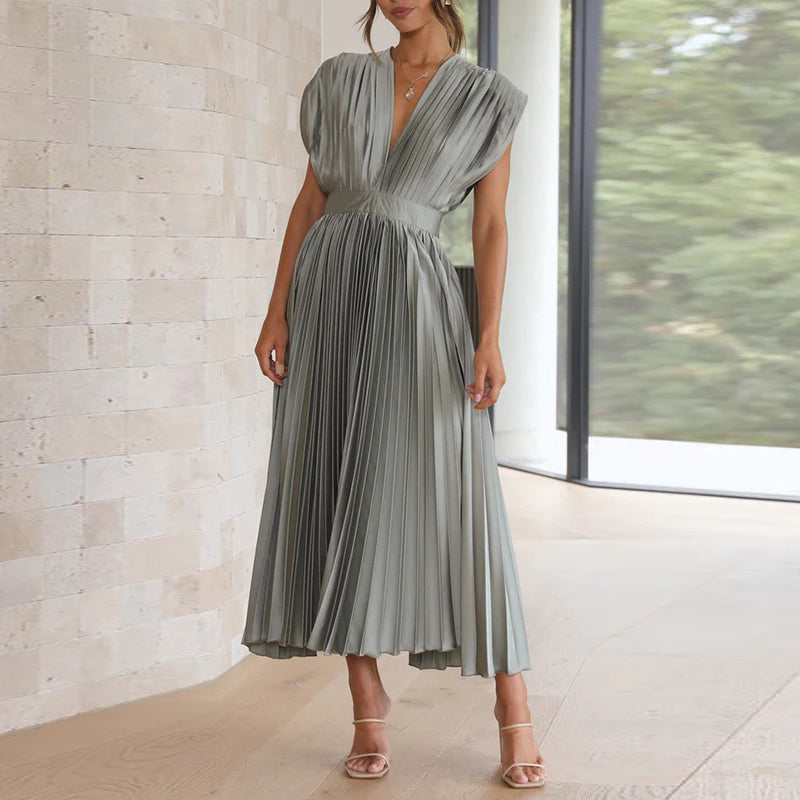 Rosie - Flowy Women's Wedding Guest Dress with Deep V-Neck and Pleated Midi Skirt