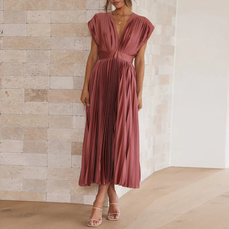 Rosie - Flowy Women's Wedding Guest Dress with Deep V-Neck and Pleated Midi Skirt