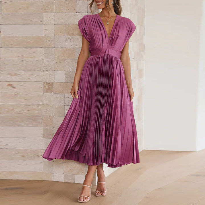 Rosie - Flowy Women's Wedding Guest Dress with Deep V-Neck and Pleated Midi Skirt