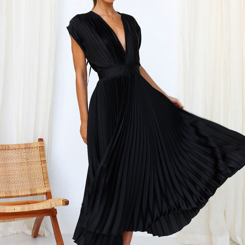 Rosie - Flowy Women's Wedding Guest Dress with Deep V-Neck and Pleated Midi Skirt