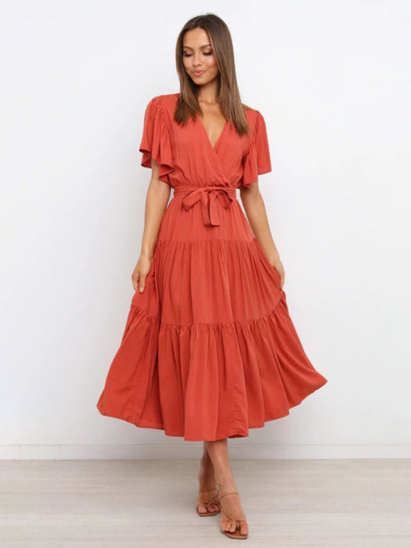 Rosie - Flowy Women's Wedding Guest Midi Dress with Wrap V-Neck and Tie Waist