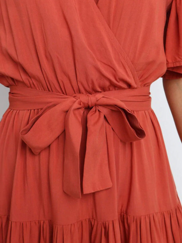 Rosie - Flowy Women's Wedding Guest Midi Dress with Wrap V-Neck and Tie Waist