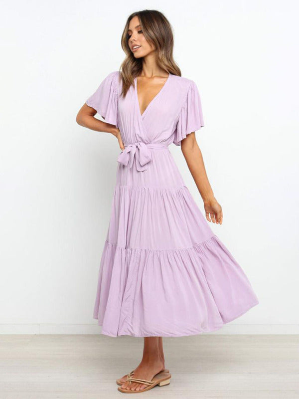 Rosie - Flowy Women's Wedding Guest Midi Dress with Wrap V-Neck and Tie Waist