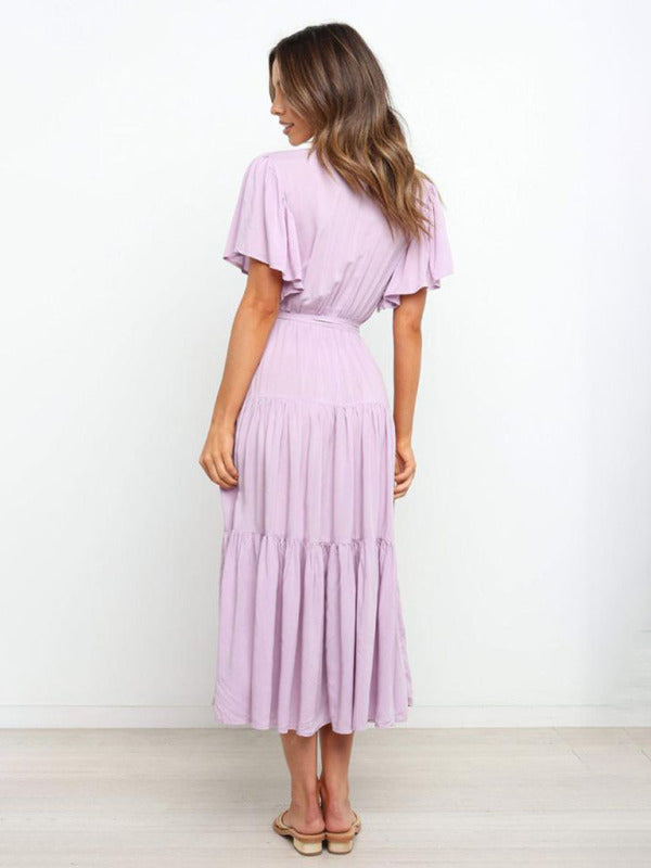 Rosie - Flowy Women's Wedding Guest Midi Dress with Wrap V-Neck and Tie Waist