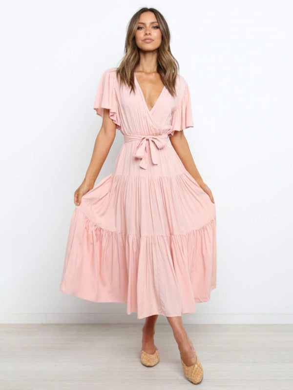 Rosie - Flowy Women's Wedding Guest Midi Dress with Wrap V-Neck and Tie Waist