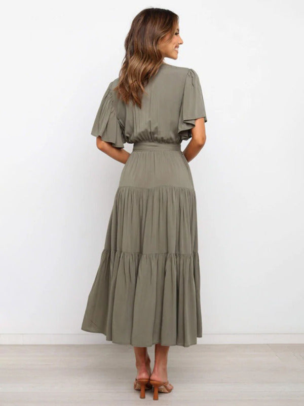 Rosie - Flowy Women's Wedding Guest Midi Dress with Wrap V-Neck and Tie Waist