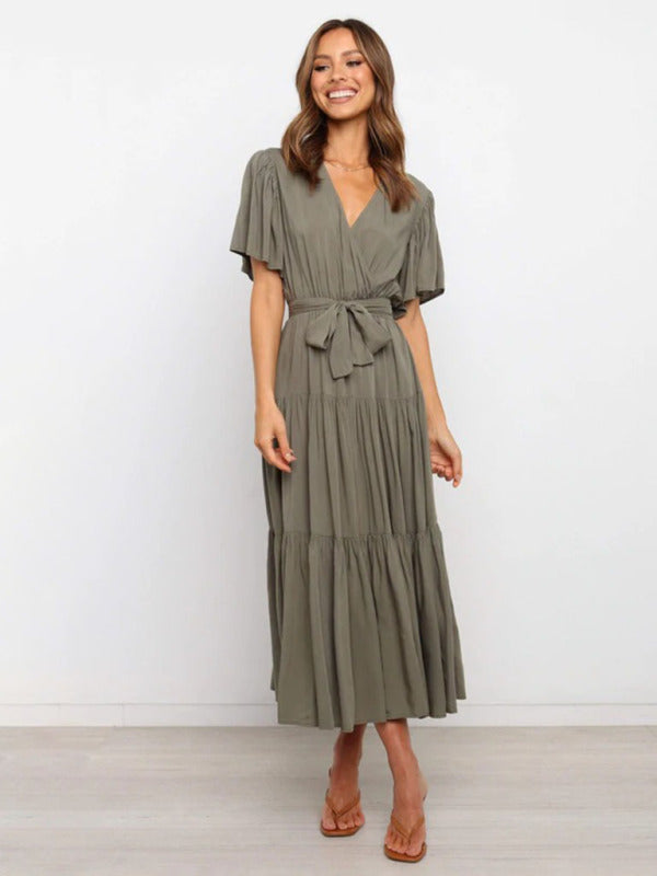 Rosie - Flowy Women's Wedding Guest Midi Dress with Wrap V-Neck and Tie Waist