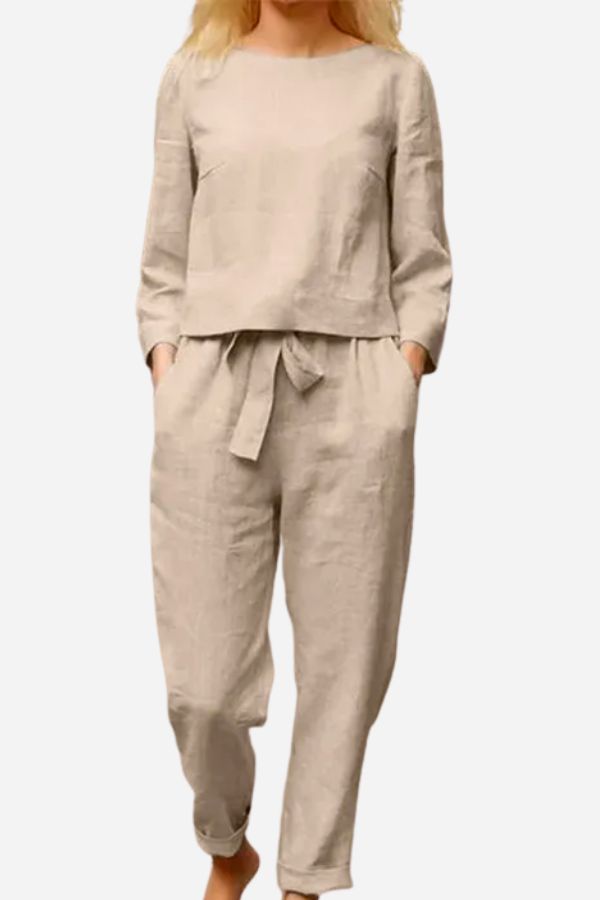 Rosie - Relaxed Women's Linen Set with Long Sleeve Top and Tapered Trousers