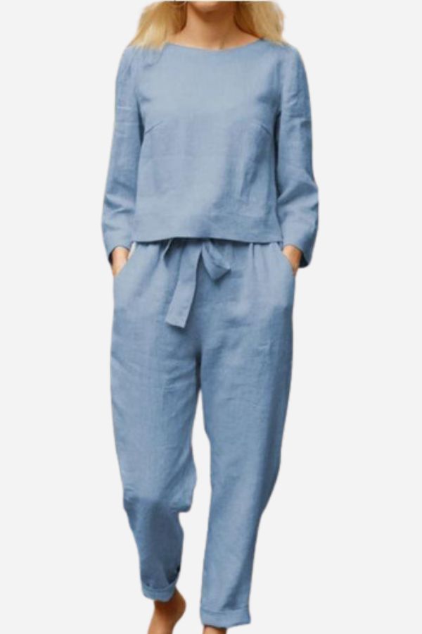 Rosie - Relaxed Women's Linen Set with Long Sleeve Top and Tapered Trousers