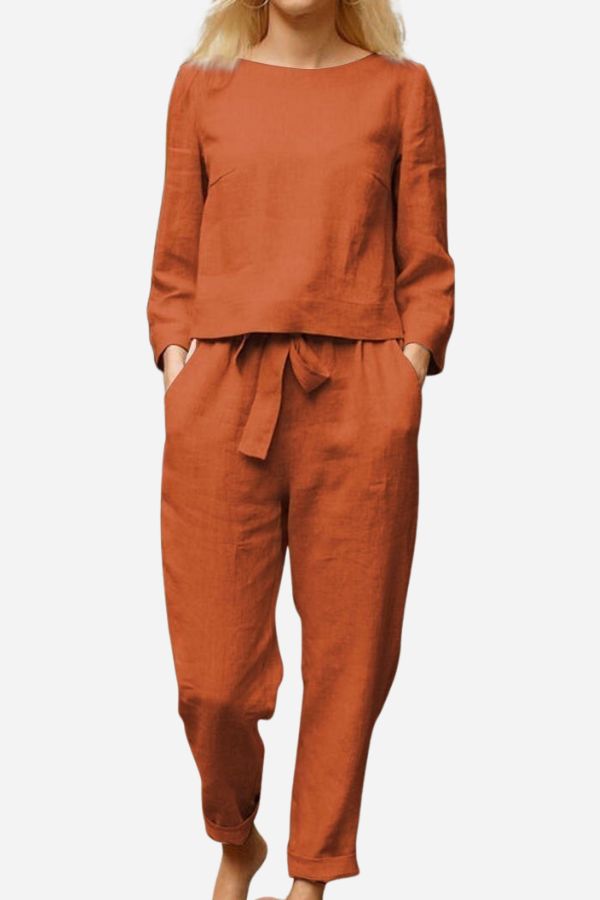 Rosie - Relaxed Women's Linen Set with Long Sleeve Top and Tapered Trousers