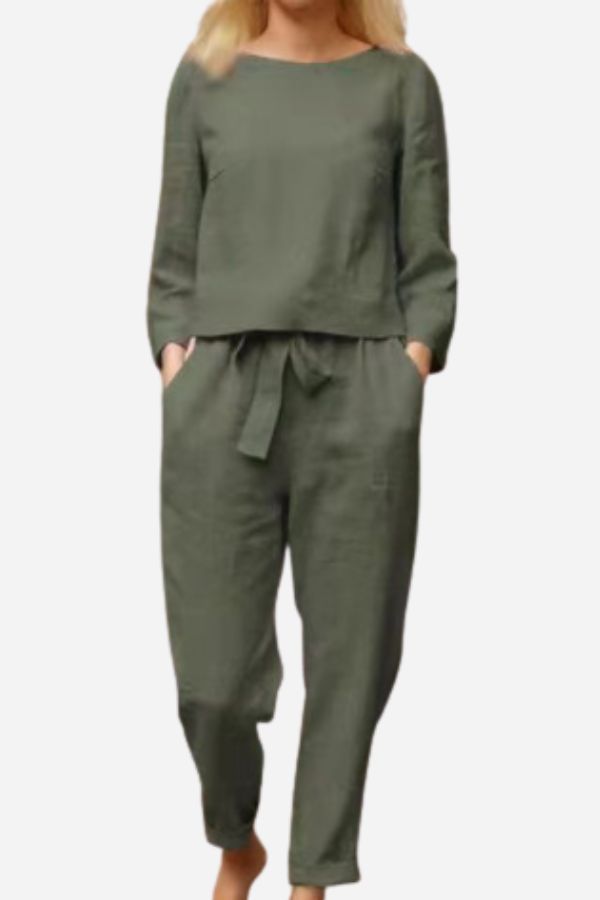 Rosie - Relaxed Women's Linen Set with Long Sleeve Top and Tapered Trousers