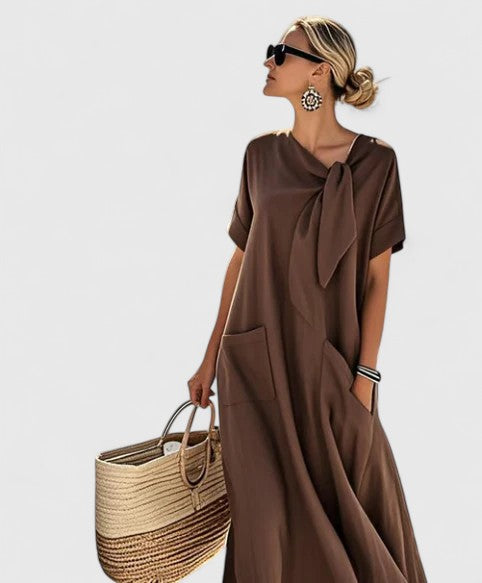 Rosie - Relaxed Women's Maxi Dress with Tie Neck and Patch Pockets