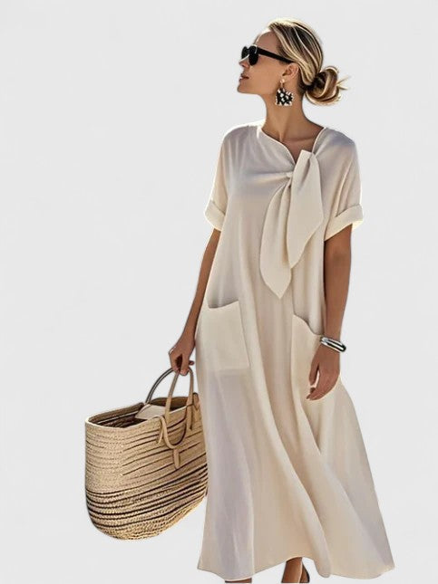 Rosie - Relaxed Women's Maxi Dress with Tie Neck and Patch Pockets