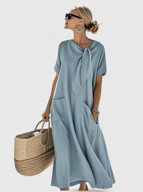 Rosie - Relaxed Women's Maxi Dress with Tie Neck and Patch Pockets