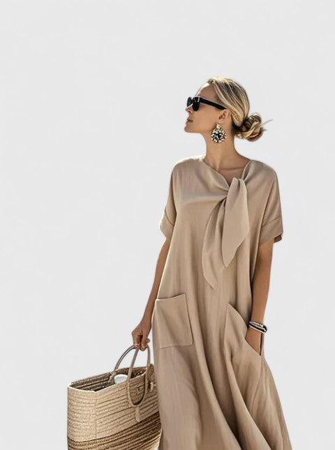 Rosie - Relaxed Women's Maxi Dress with Tie Neck and Patch Pockets