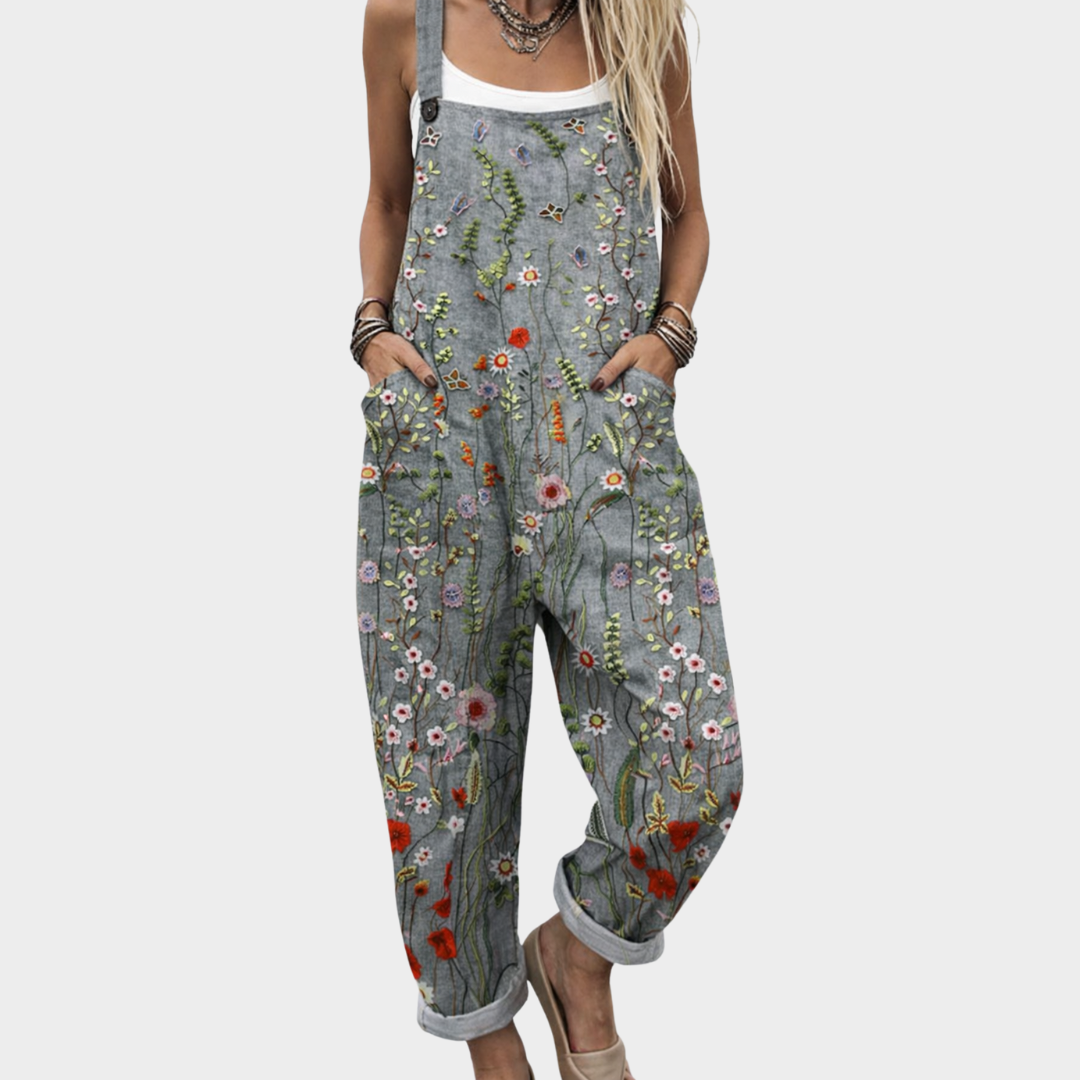 Rosie - Vintage Women's Linen Jumpsuit with Floral Print and Adjustable Straps