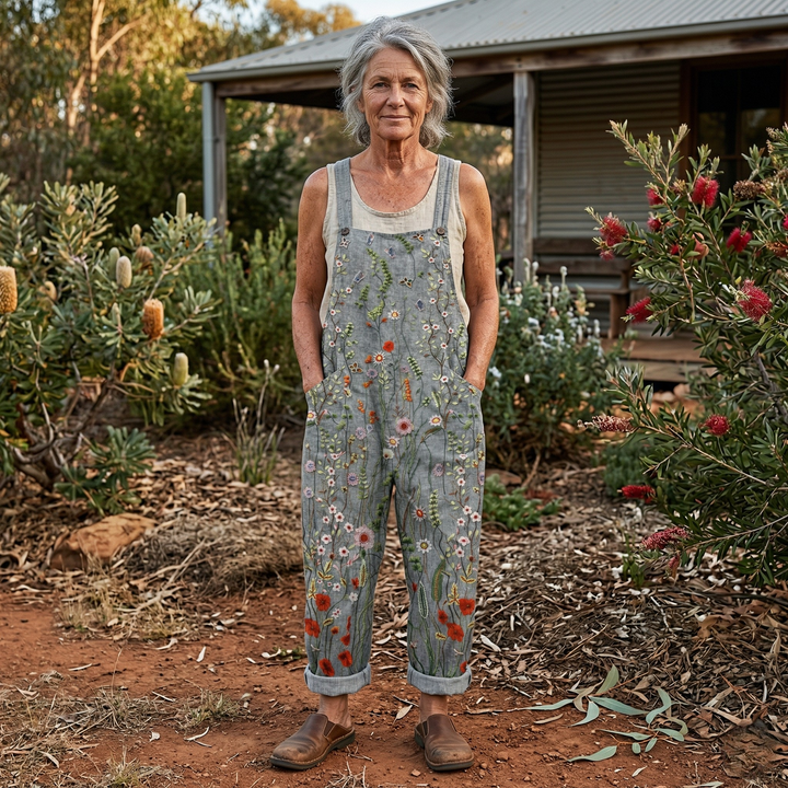 Rosie - Vintage Women's Linen Jumpsuit with Floral Print and Adjustable Straps